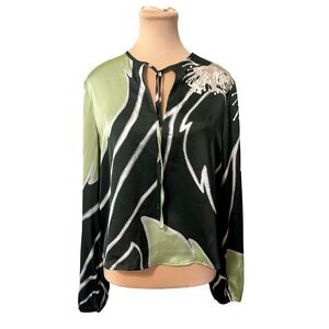 Maison d'Amélie Abstract Floral Satin Blouse Medium Green Black Parisian Chic